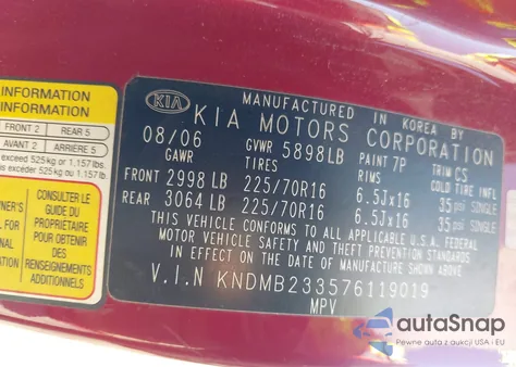 2007 Kia Sedona Lx z USA, uszkodzony, nr VIN KNDMB233576119019